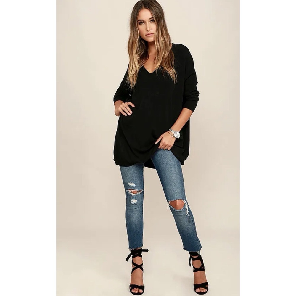 Lulus Women's Large Black Oversized V-Neck Tunic Sweater Asymmetric‎ Hem Slouchy